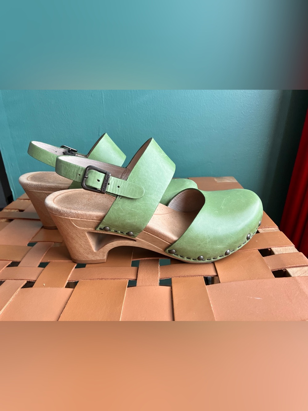 Olive green Dansko Thea clogs leather upper, adjustable ankle strap, Size 37